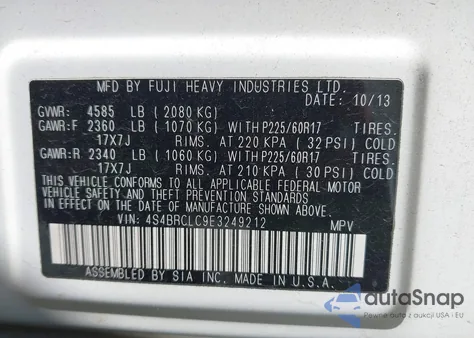 2014 Subaru Outback 2.5I Limited from USA, damaged, VIN 4S4BRCLC9E3249212